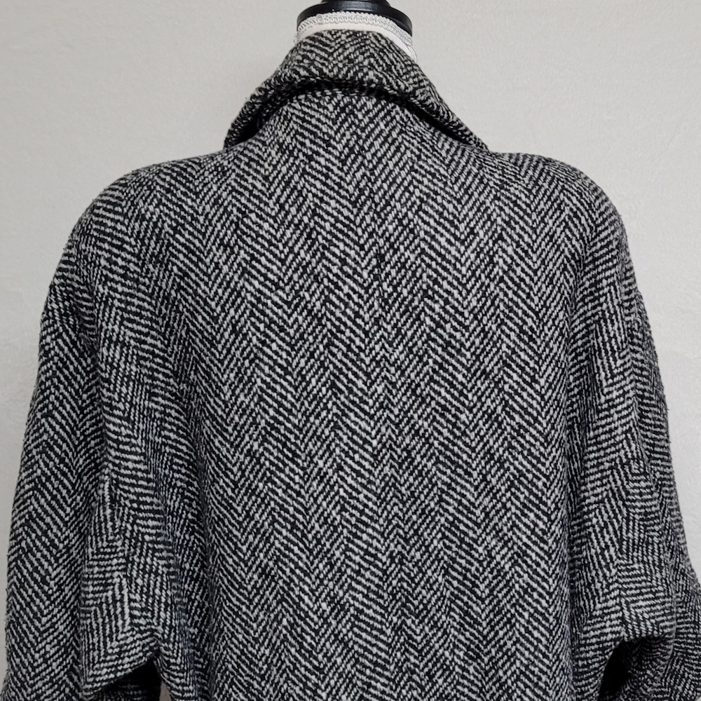 80s Vintage Black Gray Herringbone Wool Balloon Sleeve Longline Trench Coat XL - Picture 11 of 13